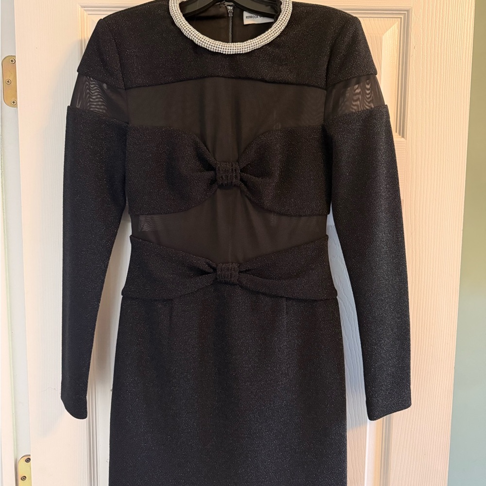 Rebecca Vallance Black Dress with sheer panels and rhinestone collar size US 6